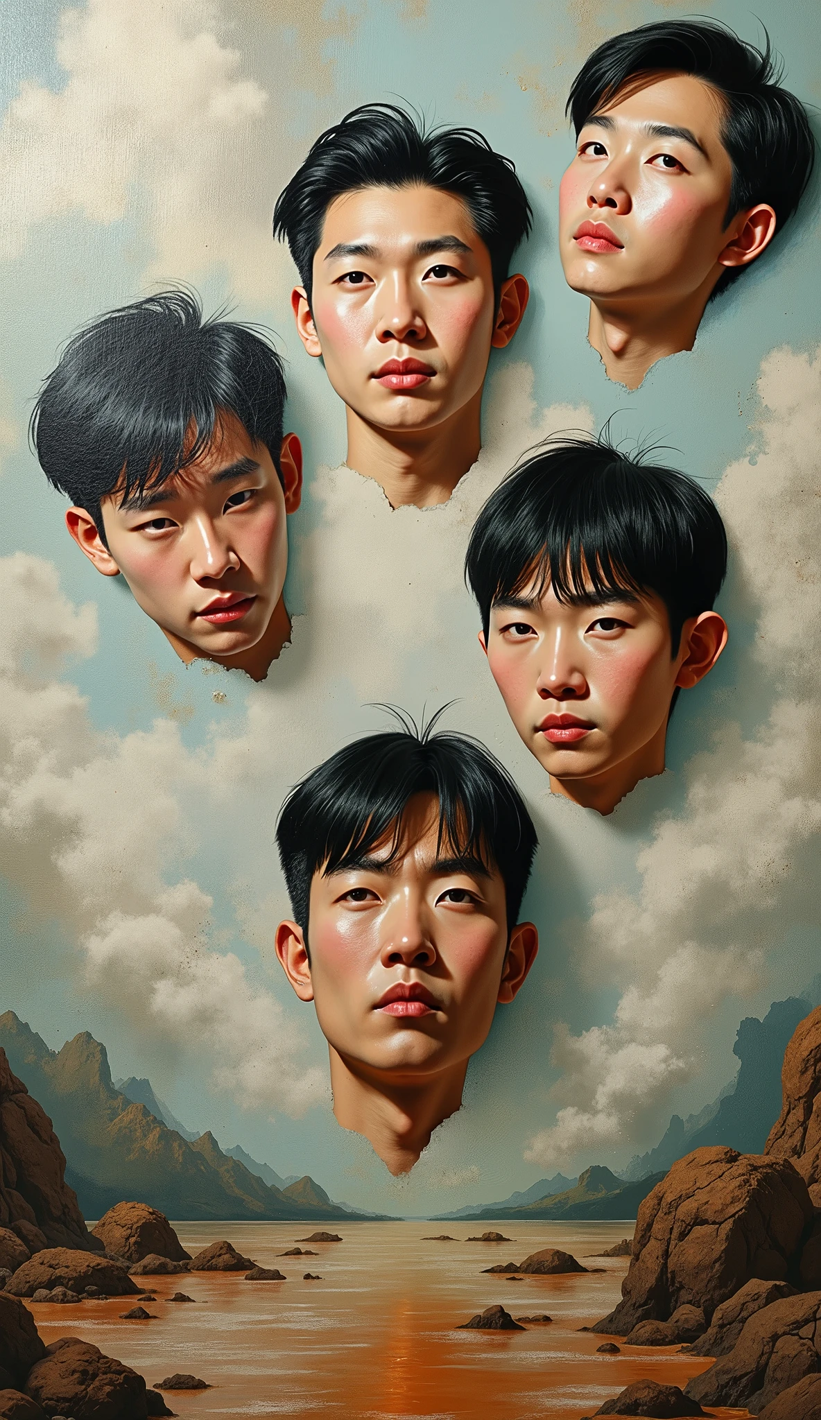 Expressionist artwork images of multiple floating heads of korean men, 3d collage style, make it weird and gallery worthy