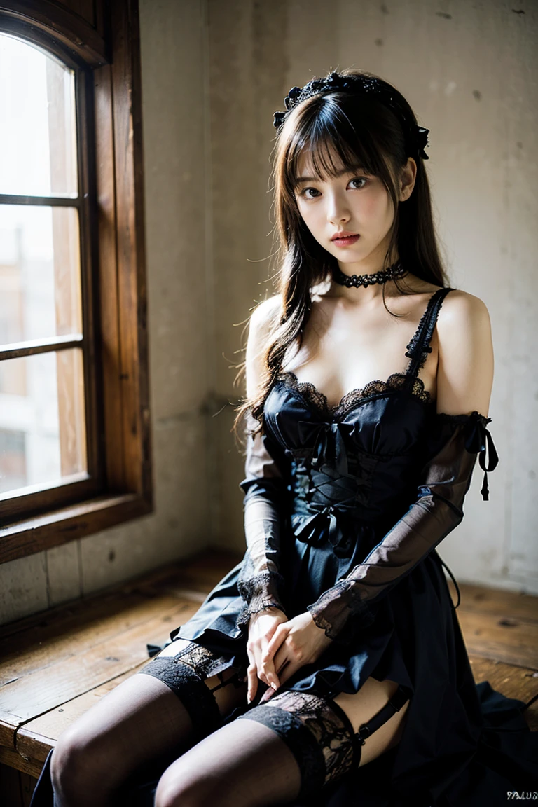 8k, RAW photo, best quality, masterpiece, realistic,1girl,looking at veiwer,Japanese beautiful girl, detailed face, (detailed skin:1.3), kwaii, slender Body, wavy hair,lace pantei,(embarrassed,blush:1.3),(jirai fashion, Gothic Lolita, garter belt:1.2), big breasts, sitting, indian style, (show pantie), luxury noble's room, front shot, cinematic,35mm lens,f/1.8, Desaturated tones