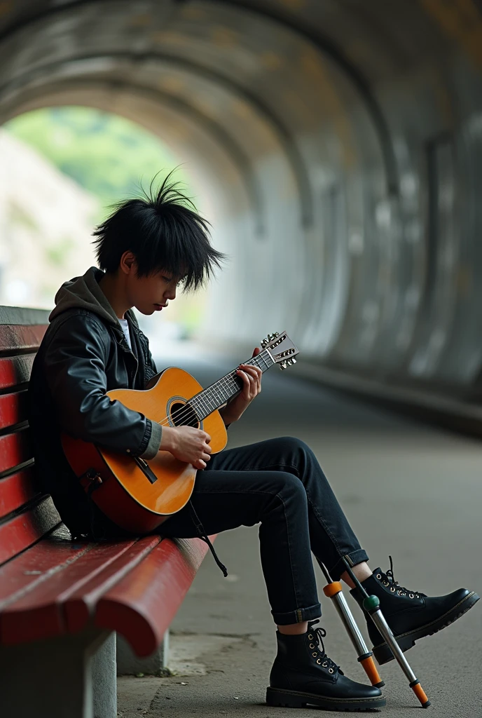 On the bench of a tunnel there is an Asian guy 2, young man with crutches, black neat messy hair, playing guitar, tourist fence, Receive coins. Surrounded by a group of gang members whose hair is dyed red, yellow, white, with punk style en cuyas manos portan tubos de metal