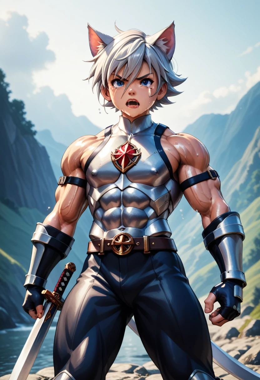 young,, Cat ear, (12, sweating), Trained abdominal muscles, Chiseled pectoral muscles, 真swordな表情, ((3D anime art style)), sword, Combat Stance, Leather Strap, Leather Armor,juvenile,Huge muscles,(((Huge Curved Erect Penis))),Crying face,Face enduring pain,A lot of semen and drool,Fighting pose,swordを構える,STANDING MISSIONARY