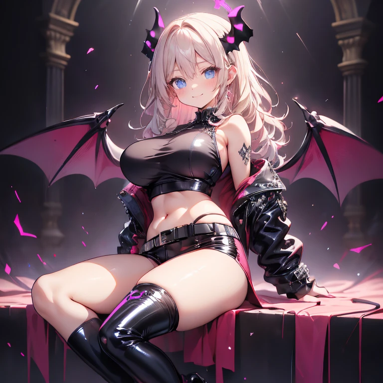 Anime Waifu beautiful detailed eyes, beautiful detailed lips, extremely detailed eyes and face, longeyelashes, 1girl, sensual, young woman, medium breasts, beautiful feminine face, nice thighs, slim, sexy, erotic, beautiful clothes, perfect body, cinematic lighting and framing, (best quality,4k,8k,highres,masterpiece:1.2),ultra-detailed,digital painting,portrait,glamorous,highly detailed,soft lighting,warm color tones aachizuru, long hair,（（Highest quality，，T-And Star Piece：1.3）），Sharp focus：1.2，Pretty woman with perfect figure：1.4，，（Incredibly huge breasts：1.4），（Huge hips），smile，Thin abdominal muscles：1.2，（（Beige Hair，.4）），，Highly detailed face and skin texture，Fine grain，double eyelid、(Black Theme:1.3), (Gothic Punk:1.3), (studded leather jacket:1.1), (Latex leotard, Leotard Fusion Gothic Skirt, Frills, race:1.2), race-up boots, gloves, chain neckrace, choker, Chain Accessories, zettai ryouiki
、【prompt】

break (black and shocking pink theme:1.4), (Sexy succubus cosplay costume with genital tattoos:1.2), (sleeveless black latex high neck crop top with Heart-shaped cut keyhole:1.4), ((Bare shoulders, Bare arms, Bare thighs):1.3), (Black latex low rise micro shorts:1.3), (shocking pink grommet belt:1.3), (Tight latex black long sleeves:1.3), ((A combination of black high platform shoes and thigh-high boots) with heels:1.2), (shocking pink devil horns has bioluminescence glow LED-light on temporal region:1.3), (Large bat wings for cosplay:1.4), (Black wings:1), (shocking pink (Heart-shaped, Heart symbol) Bioluminescent LED light on belly:1.4), (Black prisoner&#39;s bracelet:1.2),
