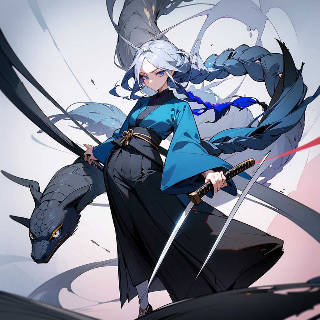 tall woman, Black blue kimono suit with a high collar that has an eye and swirl symbol, loose pants , blue eyes, White hair, long white eyelashes, turtle neck(( 12cm heels)) tall black, Curvy body, dark round cravings, Long hair, with braids, ((naginata weapon)) Japanese anime style drawing, Whole body, dragon in the background and a large eagle