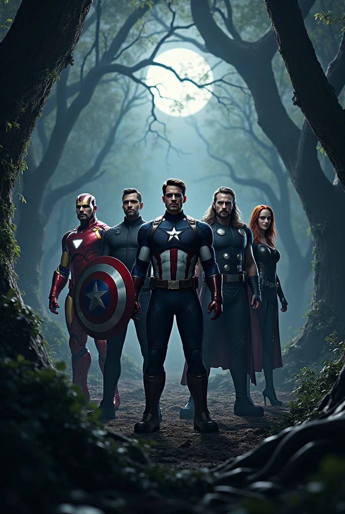 all 6 main avengers in a night forest