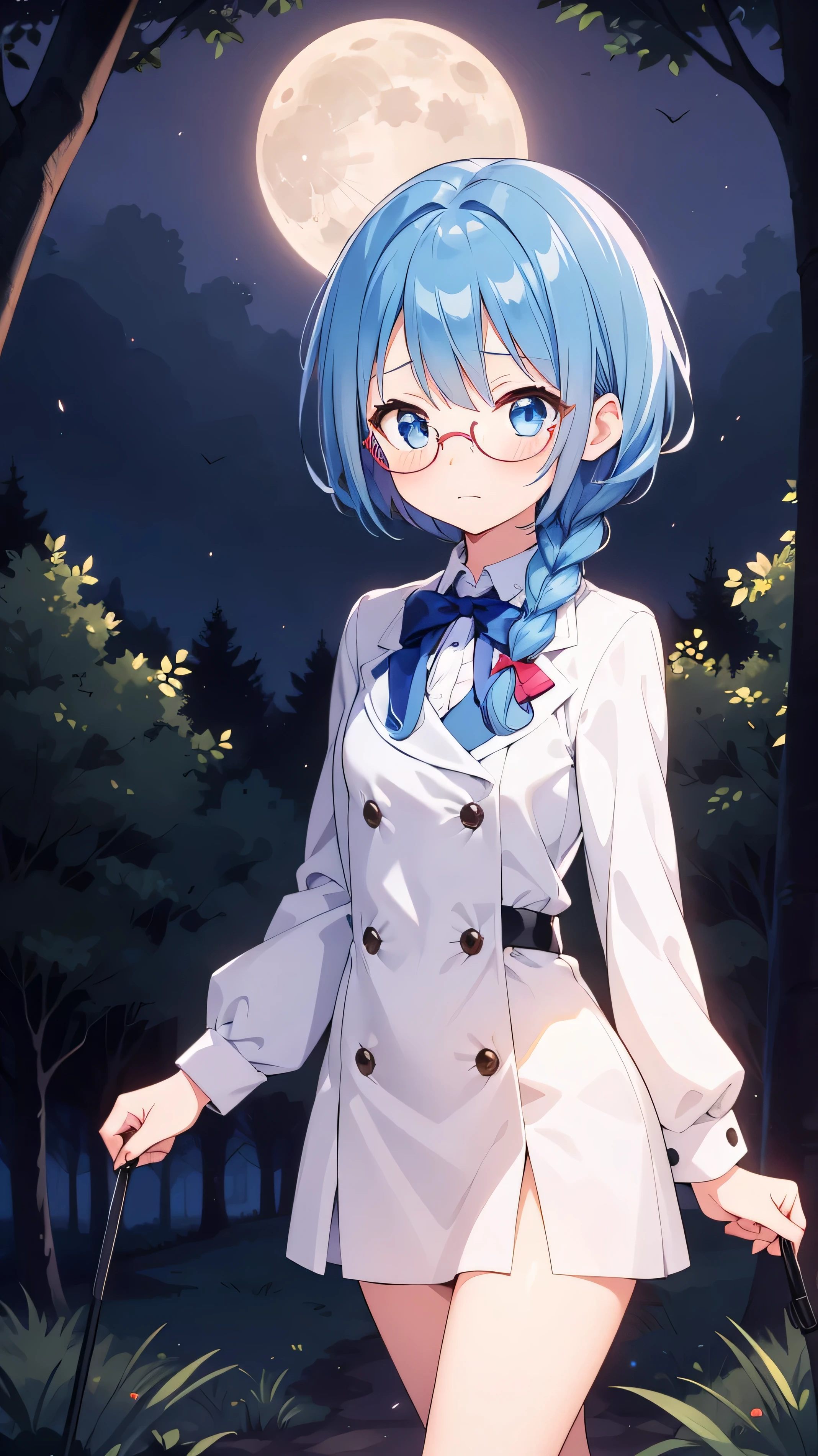 small breasted girl, short, elementary school student, blue hair, single braid, blue eyes, round eyes, shy, shy, , short, young face, short height, , glasses with no edges,flat chest,night,walking,night, dark, moonlight,in the forest