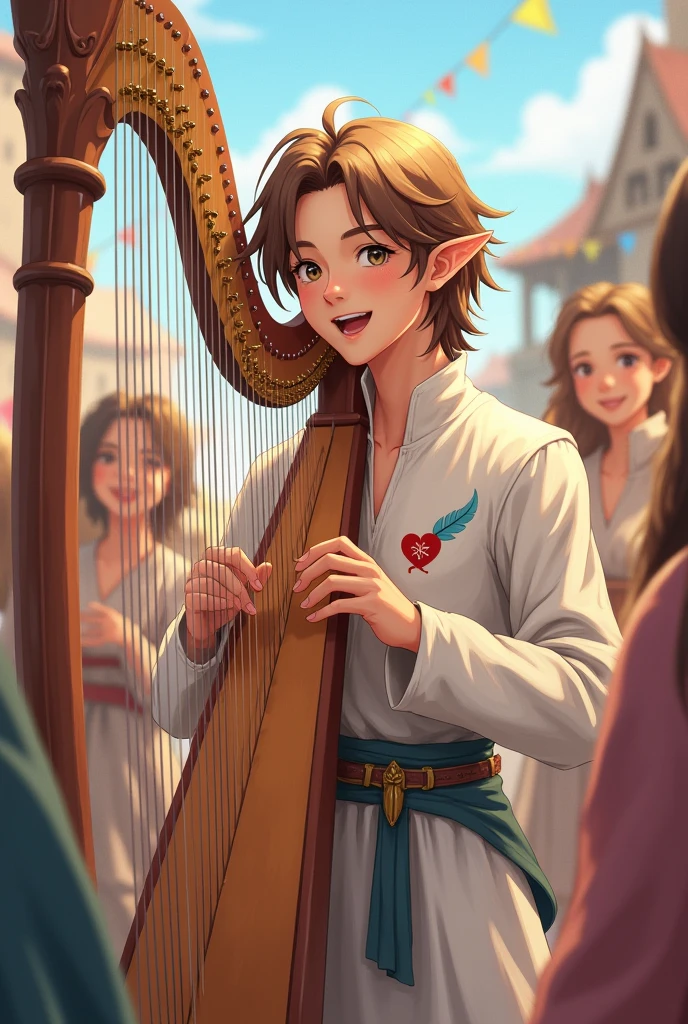 a young half-elf man with delicate, feminine features and shoulder-length light brown hair wearing white medieval clothing with a symbol of a light blue feather over a red heart drawn on the clothing at chest height, playing harp and partying with happy people in medieval anime cartoon style