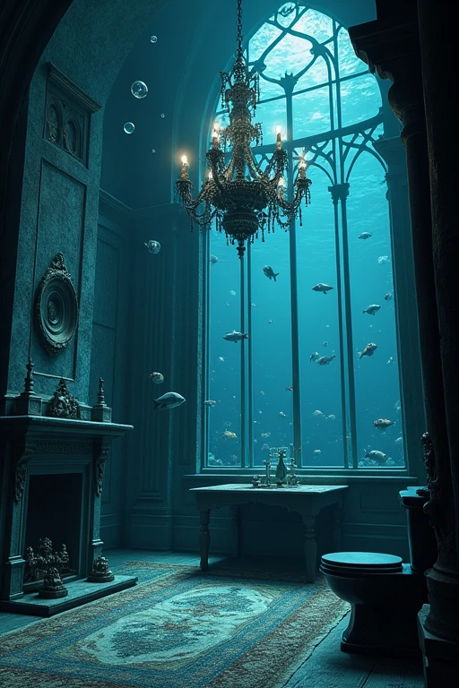 Under the sea Gothic architecture Chandelier Mantelpiece Fireplace Table Rug Black and blue atmosphere Fish Bubbles、House in the sea、The windows are big and the fish are swimming、Aquarium-like room、Black Toilet、Hand washing area next to the toilet