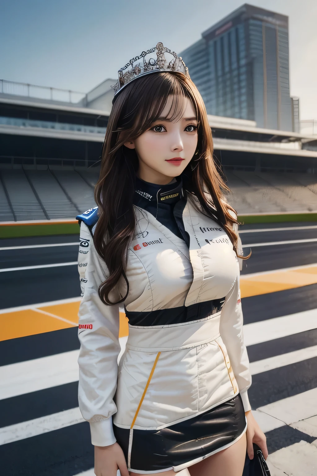 One Girl, 1 person,Highest quality,High resolution,超High resolution,8k,Realistic,Upper Body,encounter_audience,Large Breasts, the body is slim,(Race Queen miniskirt Costume:1.2), circuit,F1 Race,
