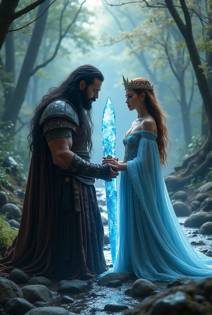 A barbarian king kneeling before his queen, with a crystal blue ice sword in his hands. He has long black hair, approximately 2. the Queen, standing, observes the king with tenderness and admiration. She is dressed in an elegant robe that shines in the light., while carefully placing a crown on the king&#39;s head as a sign of respect and love. the Queen tem cabelos castanhos e feições gentis e delicadas. The scenery is majestic, with a wild and open forest , with a stream running further in the background