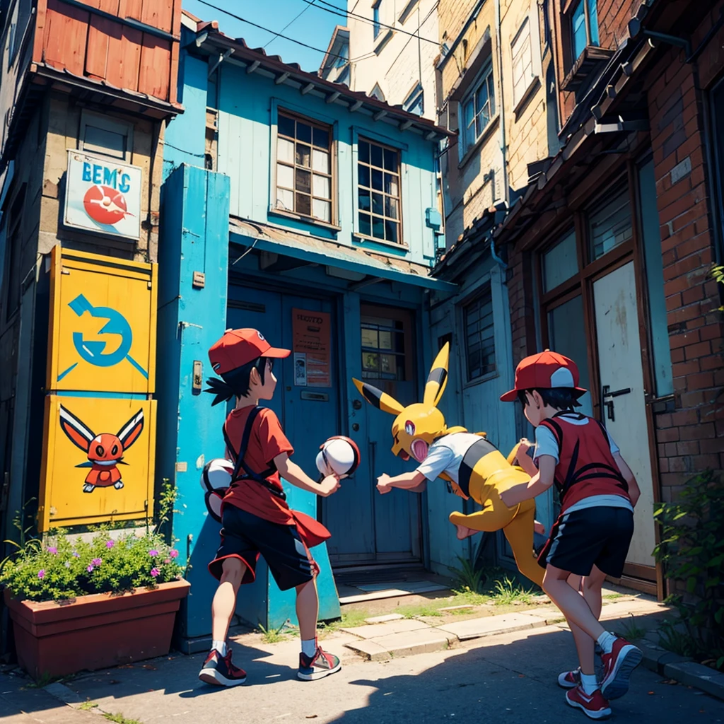 pokemon fighting in front of a sign saying grupil 
