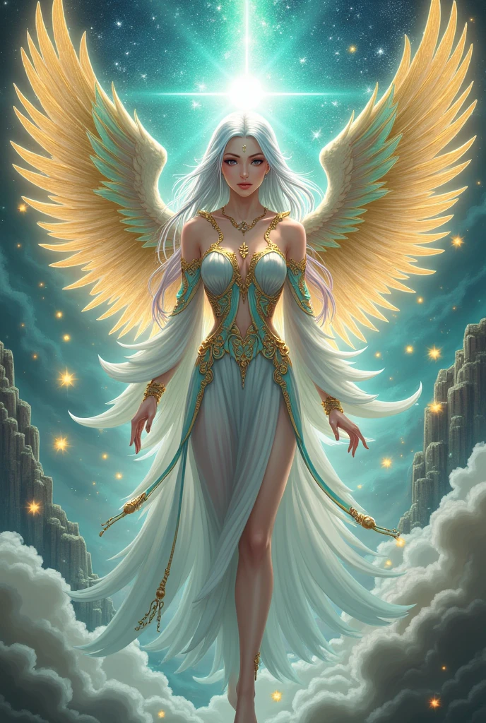****Wings: Symmetrical angel wings extending from the back, with a mix of gold, blue, and green (1:1.8)****
****Color: Gold (Main 1), Blue (Main 2), Green (Main 3), Emerald Green, Light Blue, Yellow, Silver, Deep Red, Purple, Orange, Pink (1:1.4)****
****Theme: The one who blesses and protects this puppet until the end of destiny (1:2.0)****
********
Quality: Masterpiece, ultra-detailed, an extremely delicate and beautiful, detailed beautiful face and eyes, perfect hands, natural pose, smooth skin, accurate anatomy, ideal ratio body proportions, realistic fingers, golden ratio 1.5
Resolution: Ultra high resolution, high Saturation:1.5, HD, 4K, 8K, 16K, color bit depth 24-bit, 48-bit
Special: Cute illustration:1.6, abstract, hyper-realistic, ultra detailed illustration
Number of characters: Ultra-ultimate beautiful one woman
Atmosphere: Serene and ethereal, with a touch of mysticism
Style: Realistic fantasy with intricate details
Power Words: Artistic and ultimate, strongest and perfect, extraordinary, groundbreaking, astonishing, overwhelming, original, pioneering, innovative
Sub-theme: Details and beauty beyond reality, clear boundaries, extremely detailed and beautiful
Worldview: A celestial realm with floating islands and shimmering waterfalls
Additional Elements: Glowing runes and magical particles surrounding the character
Score_9, Score_8_up, Score_7_up, Source_anime
Movement Details: Graceful and fluid, as if in mid-flight
Emotion and Expression: Calm and serene, with a gentle smile
Perspective: Slightly elevated, looking down at the character
Composition: Central composition with the character as the focal point
Background Details: A celestial realm with floating islands, shimmering waterfalls, and a starry sky
Costume Details: Flowing robes with intricate patterns and golden accents
Body Type: Slender and elegant, with well-defined muscles
Hairstyle and Color: Long, flowing hair in shades of silver and blue
Poss