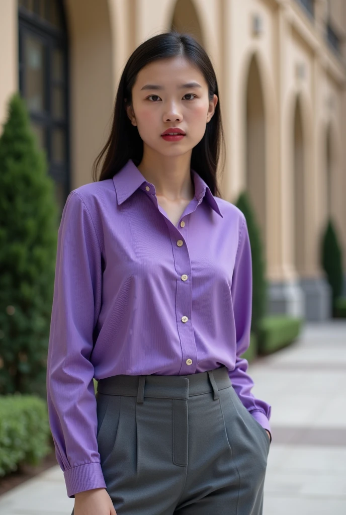 Give me a senior school uniform with the formal purple long sleeve button down shirt with nice grey pants and how it would look on women where it looks best 