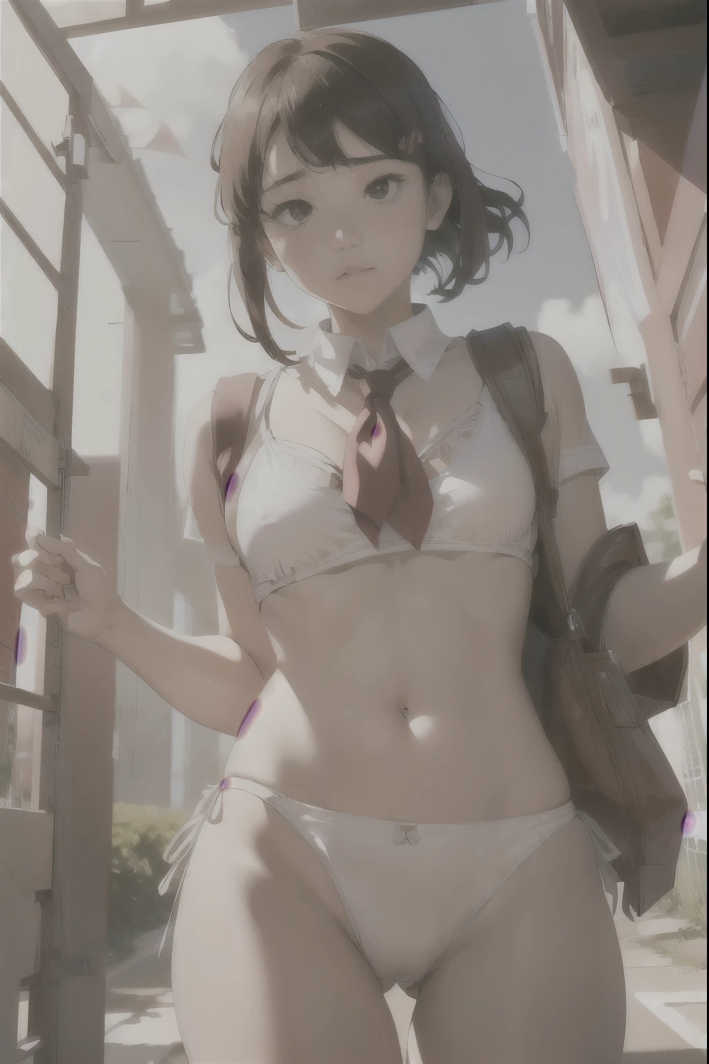 Hires, 1girl, 18yo, (adult body), (adult body ratio), cute school girl, Japanese bikini uniform, (standing), (wind blowing), surreal high school girl, looking down, looking at the viewer, shot from below, (cameltoe), (white underwear), (blushed face), (detailed skin)