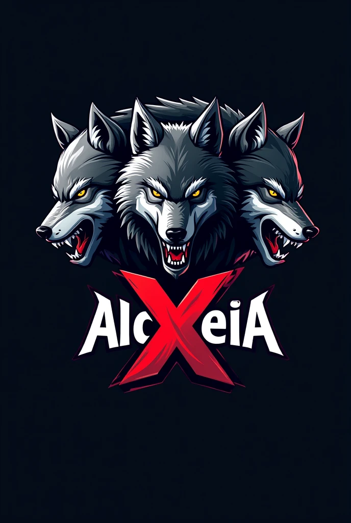 a team logo with three fierce wolves and its name written in this logo the name is Alcateia X in Brazilian Portuguese.