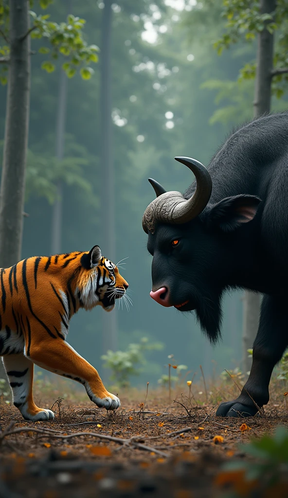 This is a digital image of a tiger and a wild buffalo in the forest opening their mouths. The tiger on the left side of the image walks towards the camera with its head facing the viewer. And its eyes are focused on something from a distance. The wild buffalo is standing on the right, opening its mouth and turning its face towards the camera. It is black with large curved horns and a pink nose. The background is full of tall trees and thick leaves, and the ground is covered with dry grass and twigs. The whole feeling of the image is dark and scary, with a sense of danger and danger.