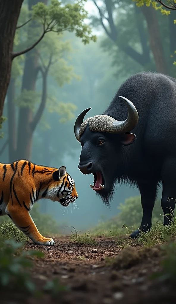This is a digital image of a tiger and a wild buffalo in the forest opening their mouths. The tiger on the left side of the image walks towards the camera with its head facing the viewer. And its eyes are focused on something from a distance. The wild buffalo is standing on the right, opening its mouth and turning its face towards the camera. It is black with large curved horns and a pink nose. The background is full of tall trees and thick leaves, and the ground is covered with dry grass and twigs. The whole feeling of the image is dark and scary, with a sense of danger and danger.