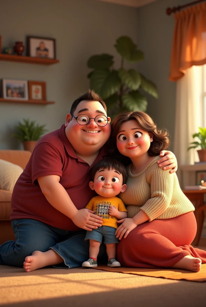 Pixar style image, from a family of 2 fat parents, with a son and an daughter