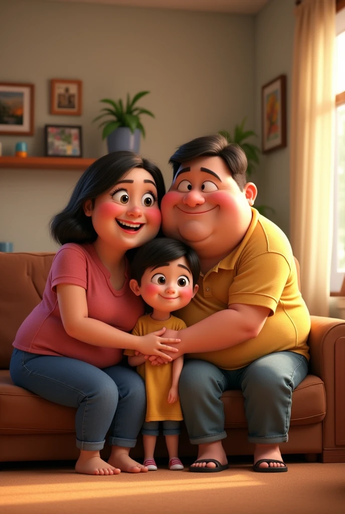 Pixar style image, from a family of 2 fat parents, with a son and an daughter
