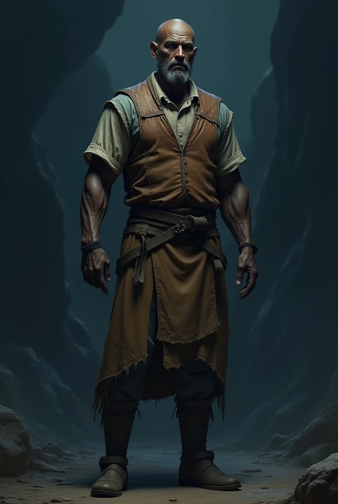 An 1 dark-skinned man with a scar on his neck, wearing somewhat rustic clothes. Realistic fantasy style. On a dark blue background 