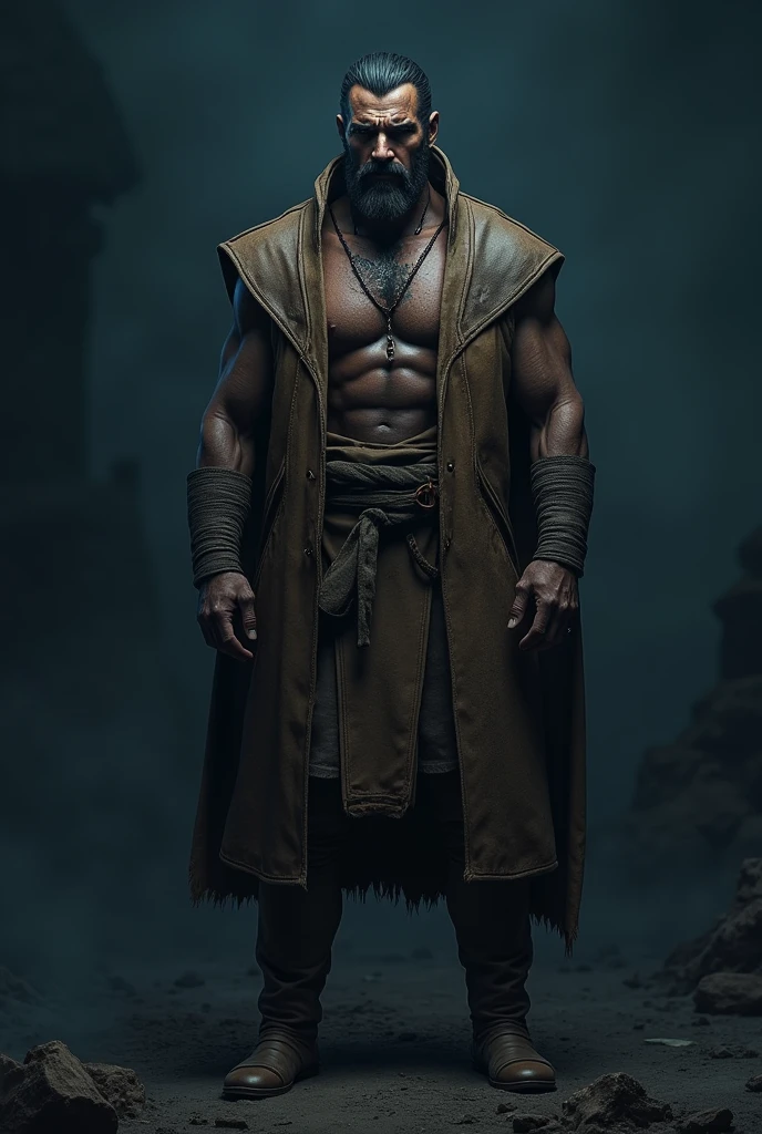 An 1 dark-skinned man with a scar on his neck, wearing somewhat rustic clothes. Realistic fantasy style. On a dark blue background 