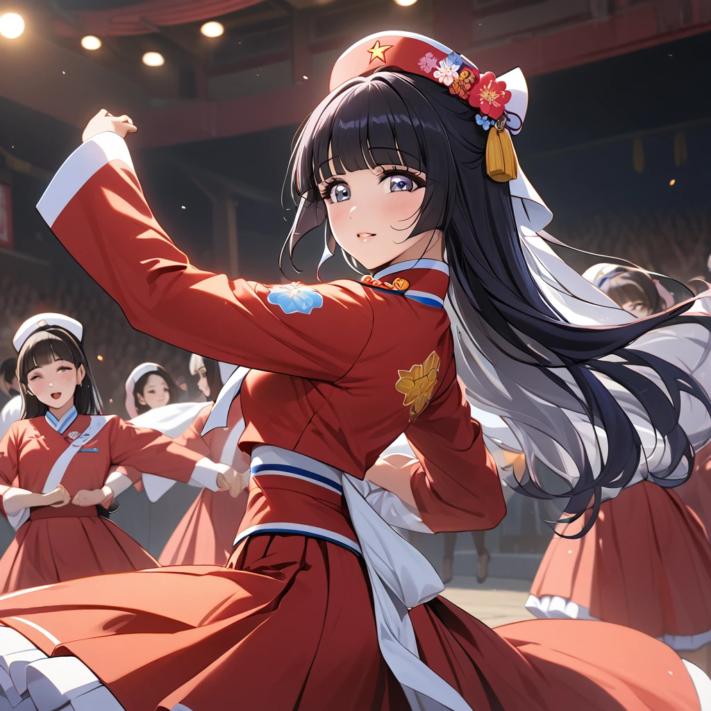 ((Highest quality)), ((masterpiece)), (detailed), （Perfect Face）、The woman is Reika Aoki with semi-long hair、The woman is a member of the North Korean Pleasure Squad and is dressed in North Korean national costume and performing a dance for the general.