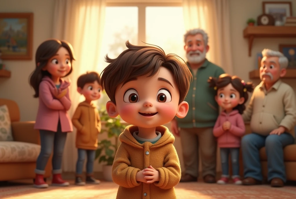 make a picture horizontally, where a boy is seen, with brown hair. with his mother, Your dad, His sister, his grandmother and his grandfather. giving thanks and saying please
