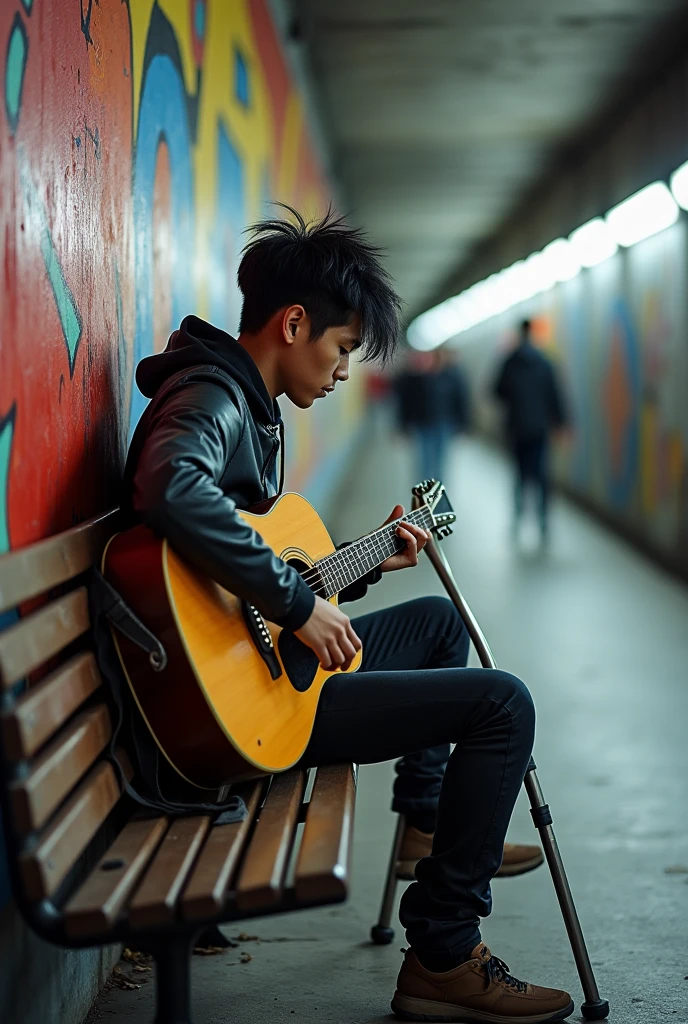 On the bench of a tunnel there is an Asians guy , young man with crutches, black neat messy hair, playing guitar, tourist fence, Receive coins. Surrounded by a group of gang members whose hair is dyed red, yellow, white, with punk style en cuyas manos portan tubos de metal