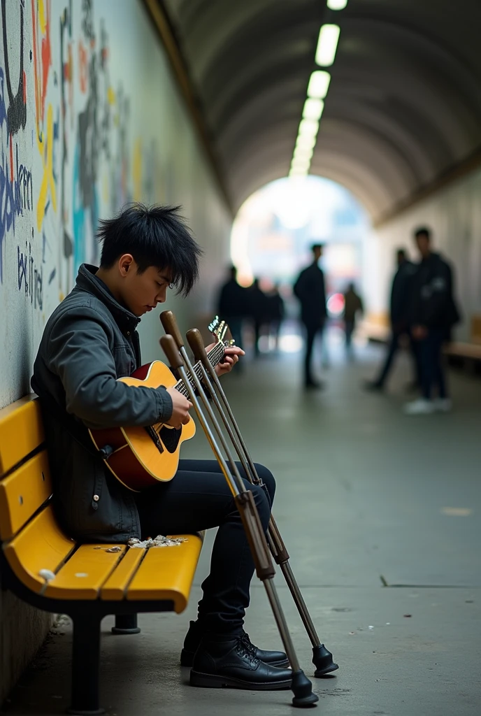 On the bench of a tunnel there is an Asians guy , young man with crutches, black neat messy hair, playing guitar, tourist fence, Receive coins. Surrounded by a group of gang members whose hair is dyed red, yellow, white, with punk style en cuyas manos portan tubos de metal