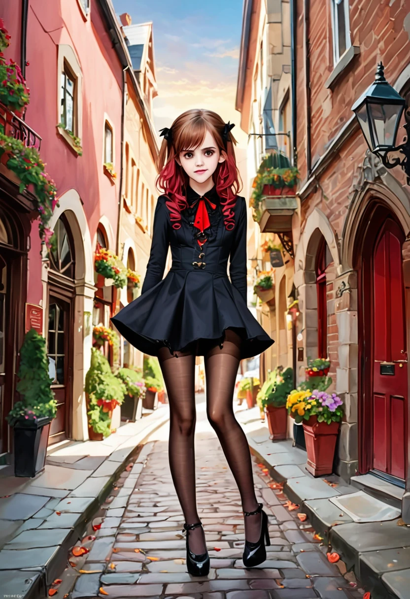 Emma Watson, A Masterpiece, Best quality, Raw Photo, lifelike, FACE, Incredibly ridiculous, beautiful vampire girl, very curly red hair, gothic minidress, pantyhose crotch, shoes, sun shiny day