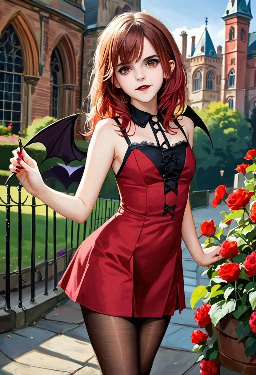 Emma Watson, A Masterpiece, Best quality, Raw Photo, lifelike, FACE, Incredibly ridiculous, beautiful vampire girl, very curly red hair, gothic minidress, pantyhose crotch, shoes, sun shiny day