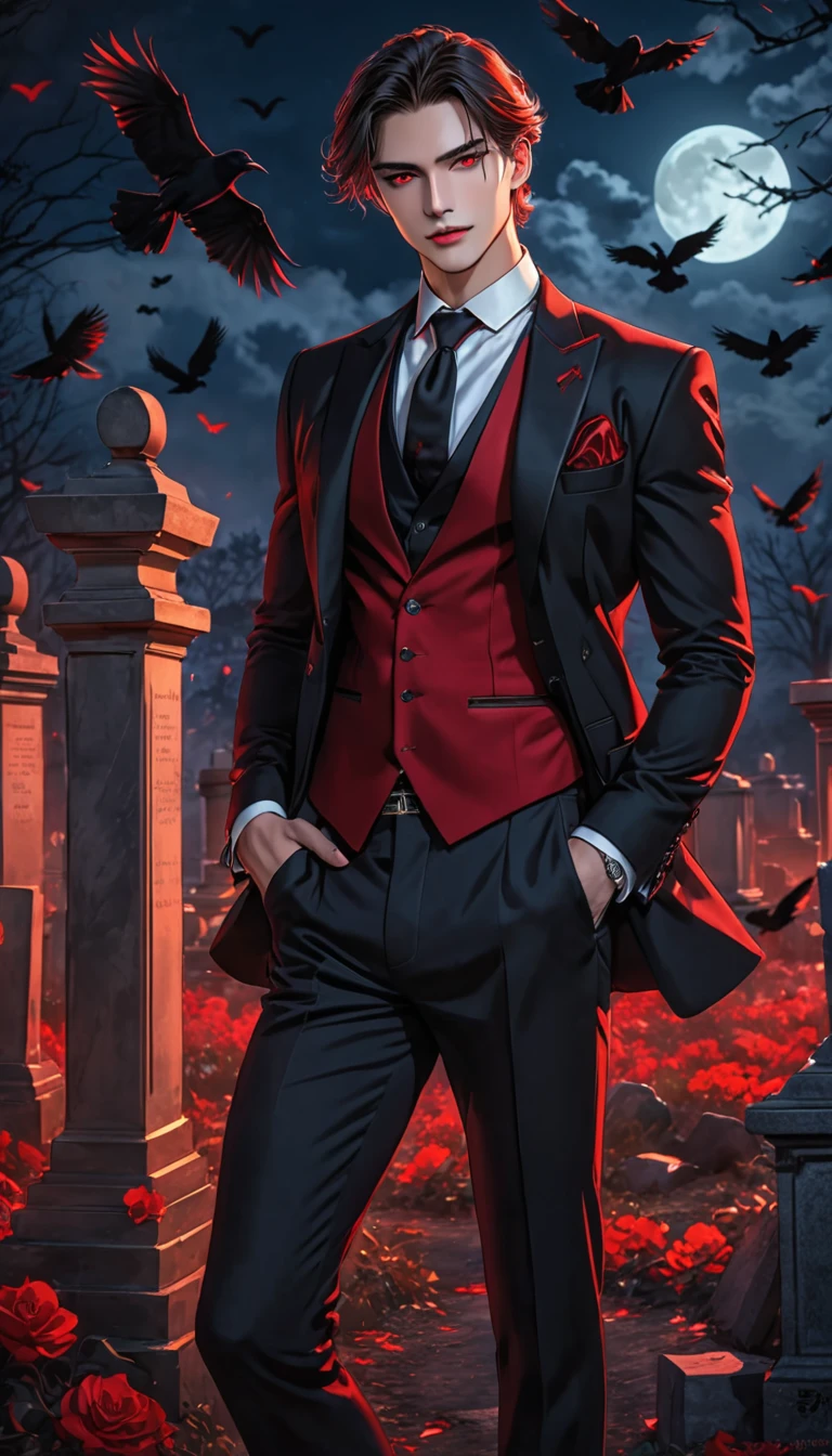 Masterpiece, 8k, HDR, Wonderful, aesthetic, dark vibes, man about twenty years old, handsome, his ruby-red eyes glowed, sharp gaze, tall, stand, wearing vest and black suit, the chain attribute on his suit adds to the glamorous impression, broad chest, hand in trouser pocket pose, vampire vibes, grave background in the night with crows fly.