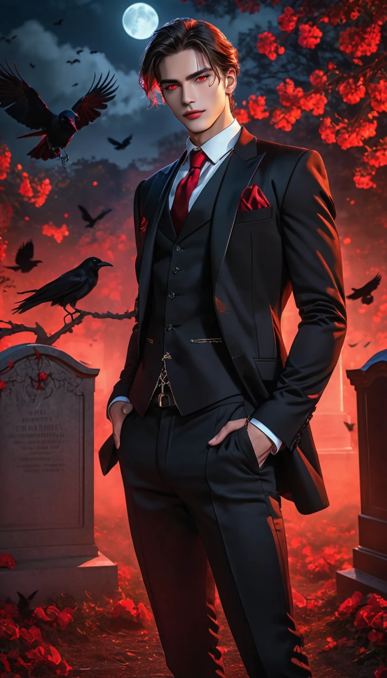 Masterpiece, 8k, HDR, Wonderful, aesthetic, dark vibes, man about twenty years old, handsome, his ruby-red eyes glowed, sharp gaze, tall, stand, wearing vest and black suit, the chain attribute on his suit adds to the glamorous impression, broad chest, hand in trouser pocket pose, vampire vibes, grave background in the night with crows fly.