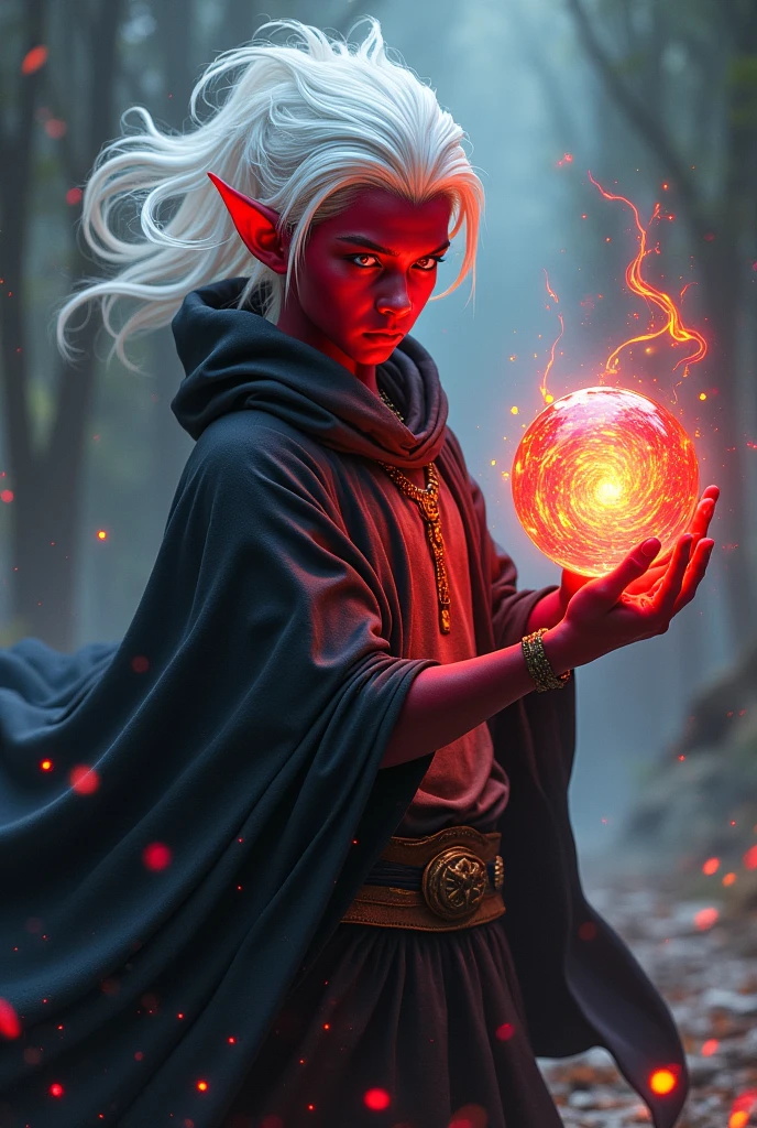 Young red tiefling with white hair and glowing eyes, holding a colorful energy sphere in his hands while his black cape flutters in the wind.