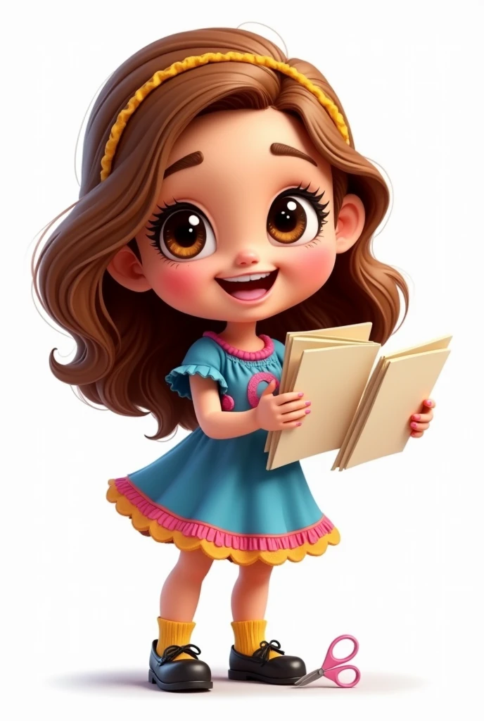 Brazilian doll mascot with long light brown hair, brown eyes and fair skin, Grinning, blue and pink dress with yellow details, with the name Day Holding in the right hand several sheets of paper and in the left hand a small pair of pink scissors. shoes black. Background transparent

