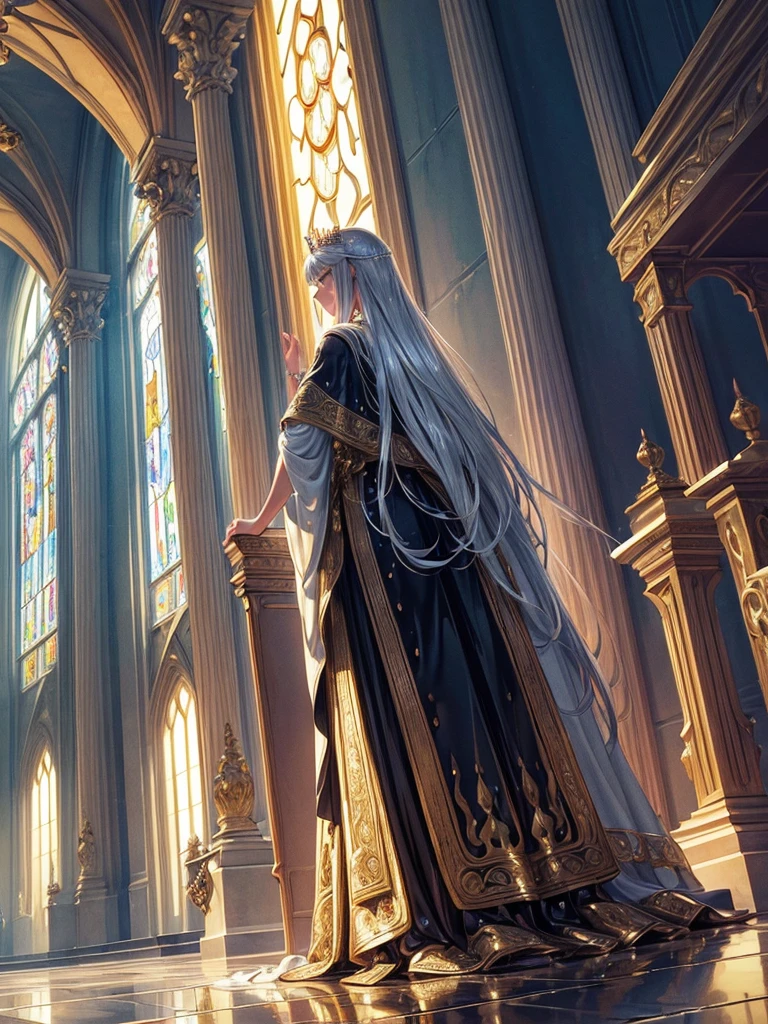 (masterpiece:1.4), (ultra detailed:1.4), (extremely detailed CG:1.4), (Shiny glossy wet hair:1.4), (super fine illustration:1.4), A side-view scene where a male knight, clad in shining silver armor, kneels before a regal blonde queen. The queen, dressed in an elegant golden gown, stands tall with a calm and commanding presence. The knight holds his sword with both hands, offering it as a sign of loyalty and devotion. The setting is within a grand medieval throne room with tall, ornate pillars and soft light streaming through stained glass windows, casting colorful patterns on the stone floor