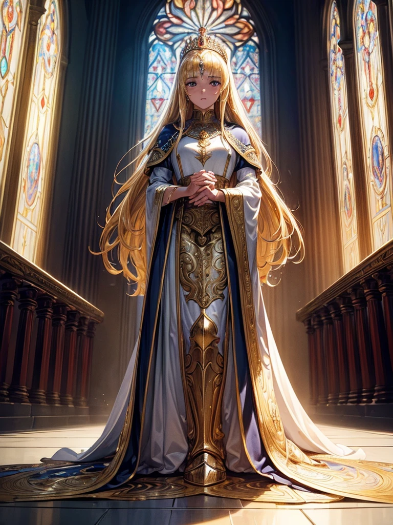 (masterpiece:1.4), (ultra detailed:1.4), (extremely detailed CG:1.4), (Shiny glossy wet hair:1.4), (super fine illustration:1.4), A side-view scene where a male knight, clad in shining silver armor, kneels before a regal blonde queen. The queen, dressed in an elegant golden gown, stands tall with a calm and commanding presence. The knight holds his sword with both hands, offering it as a sign of loyalty and devotion. The setting is within a grand medieval throne room with tall, ornate pillars and soft light streaming through stained glass windows, casting colorful patterns on the stone floor