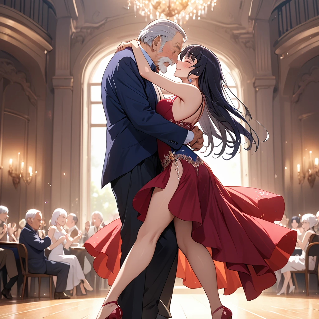 ((Highest quality)), ((masterpiece)), (detailed), （Perfect Face）、The woman is Reika Aoki with semi-long hair、The woman is wearing a beautiful, gorgeous tango costume and is dancing passionately with the old man while kissing him. The man proposes to her and she accepts the proposal.