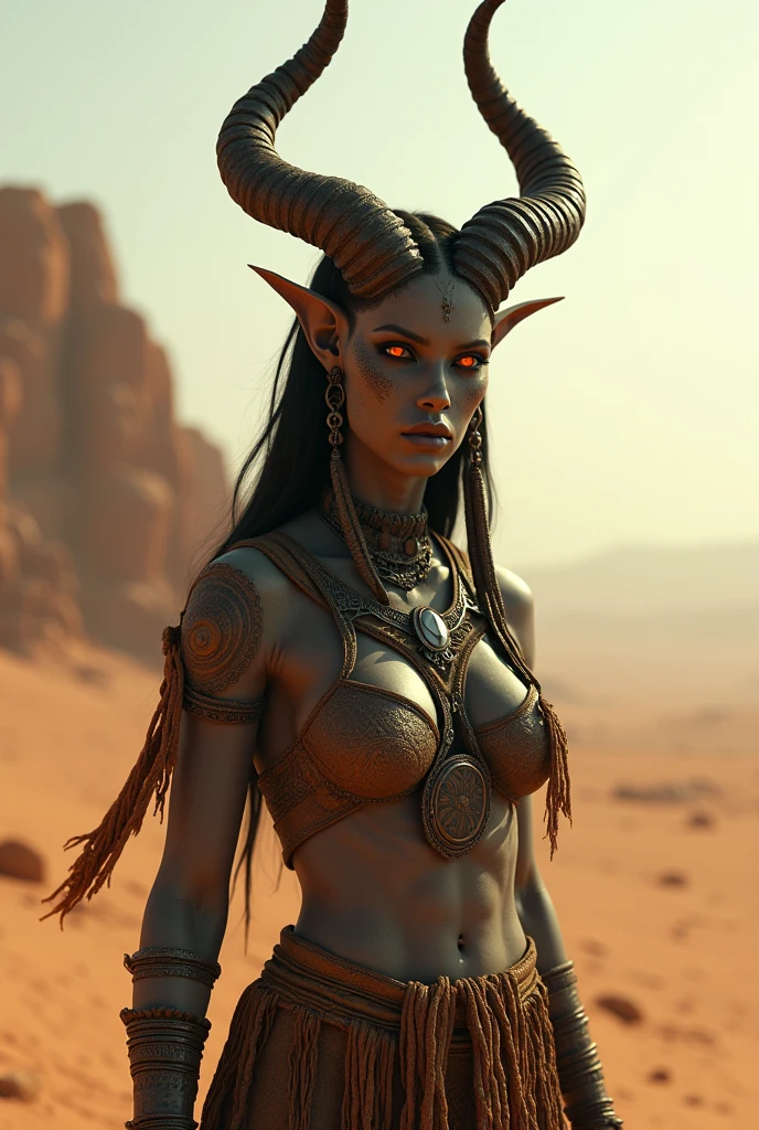 a grey skinned, tall woman with orange eyes, pointy ears, huge numbers of horns like lilith diablo 4, in a desert wearing tribal clothes, cinematic lighting, detailed face and body, highly detailed, photorealistic, masterpiece, octane render, 8k, sharp focus, intricate details, realistic skin texture, dramatic shadows, warm color palette, dramatic lighting