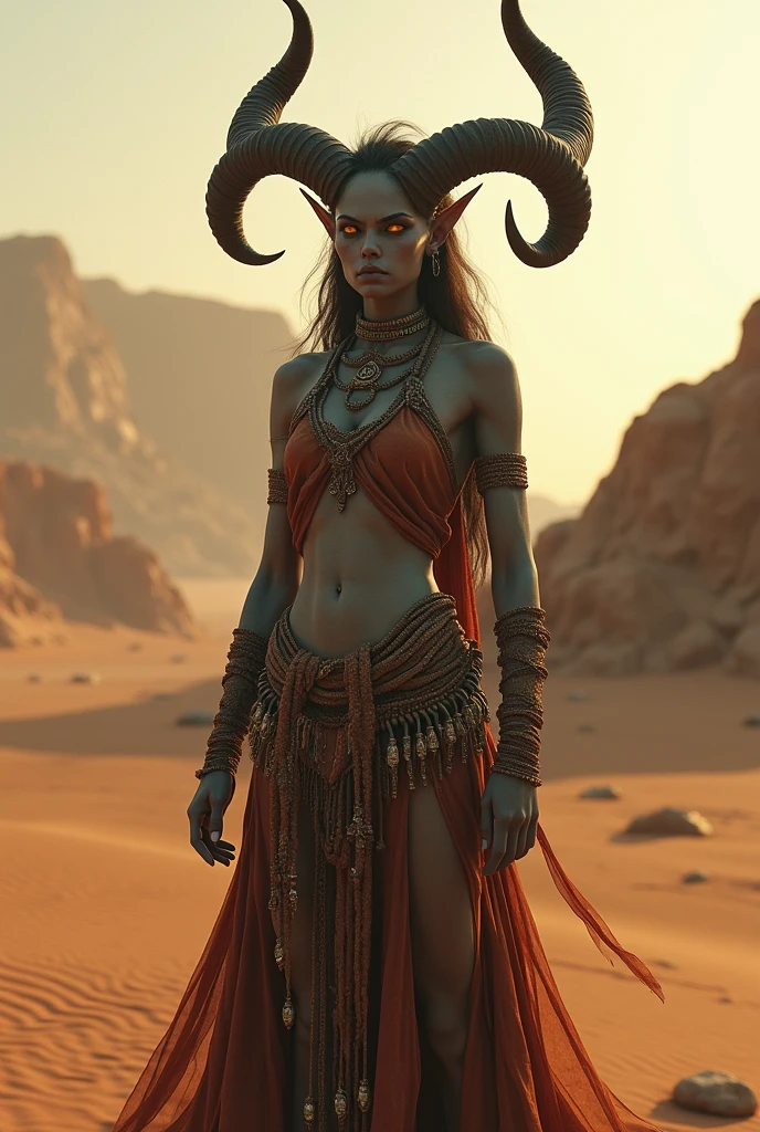 Create a full body image of a standing Karnathi woman, Looking directly into the camera with a faint smile, conveying trust and serenity. She is a tall and slender figure, with about 1,8 meters high, displaying defined muscles and an upright posture. Your skin has a light grayish tone, almost pale, reflecting their natural resistance to extreme cold and radiation. Your skin is smooth in some areas, but in others it develops a thin, hard layer, similar to bone armor, that integrates perfectly into the skin, especially on the shoulders, forearms and around the neck, offering protection without compromising mobility. On the top of your head, instead of hair, there is a natural extension of the material of their horns, forming a perfectly anatomical protective crown. This bony structure blends smoothly into your skull., leaving your facial features delicate and clearly human, but marked by an austere beauty. She has four distinct horns: two larger horns emerging from his temples, close to the ears, bending slightly backwards towards the top of the head, about 20 cm long; and two smaller horns positioned between the larger ones, slightly curved and straighter. These bone structures are adorned in a minimalist way, with subtle inscriptions or small decorative elements that reflect their status and identity. Their ears are pointed and slightly larger than human ears., positioned to complement the horns. His eyes are big and orange, glowing with an intensity that suggests an adaptation to low-light environments, characteristic of their homeland. Your face is expressive, with a lightness on the lips that forms a serene smile, but confident, conveying a feeling of tranquility and inner strength. The scenery around you should portray the 'Land Without End', a vast, arid steppe that stretches to the horizon.