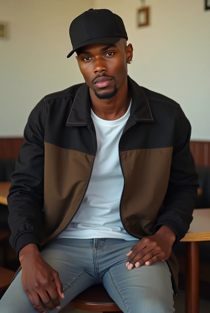 best qualityer:1.4), (ultra high resolution:1.2), (photorrealistic:1.4), (8k, CRU photo:1.2), a thin young man of 20 years old, skin black, with a smooth, beardless face, corte de cabelo buzzcut, He's wearing a black cap. He's wearing a white shirt. He is wearing a basic coat in black and brown.. He's wearing light jeans. He is wearing black and white Jordan sneakers.. He is sitting on a chair in a simple restaurant. Thin build without muscles. Seductive face for the camera.