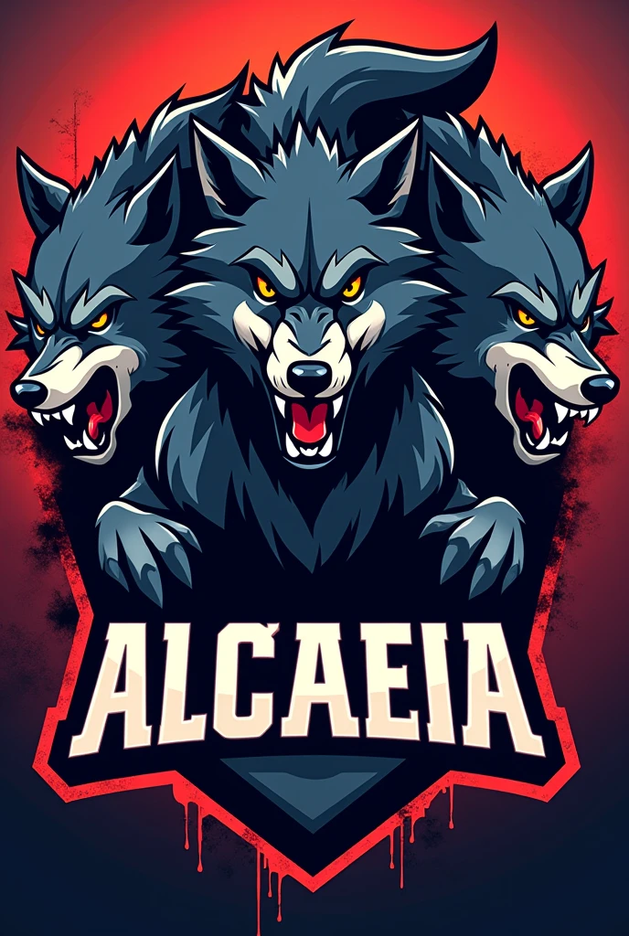 a team logo with three fierce wolves and its name written in this logo the name is Alcateia X in Brazilian Portuguese.
Without the X covering the name PACK