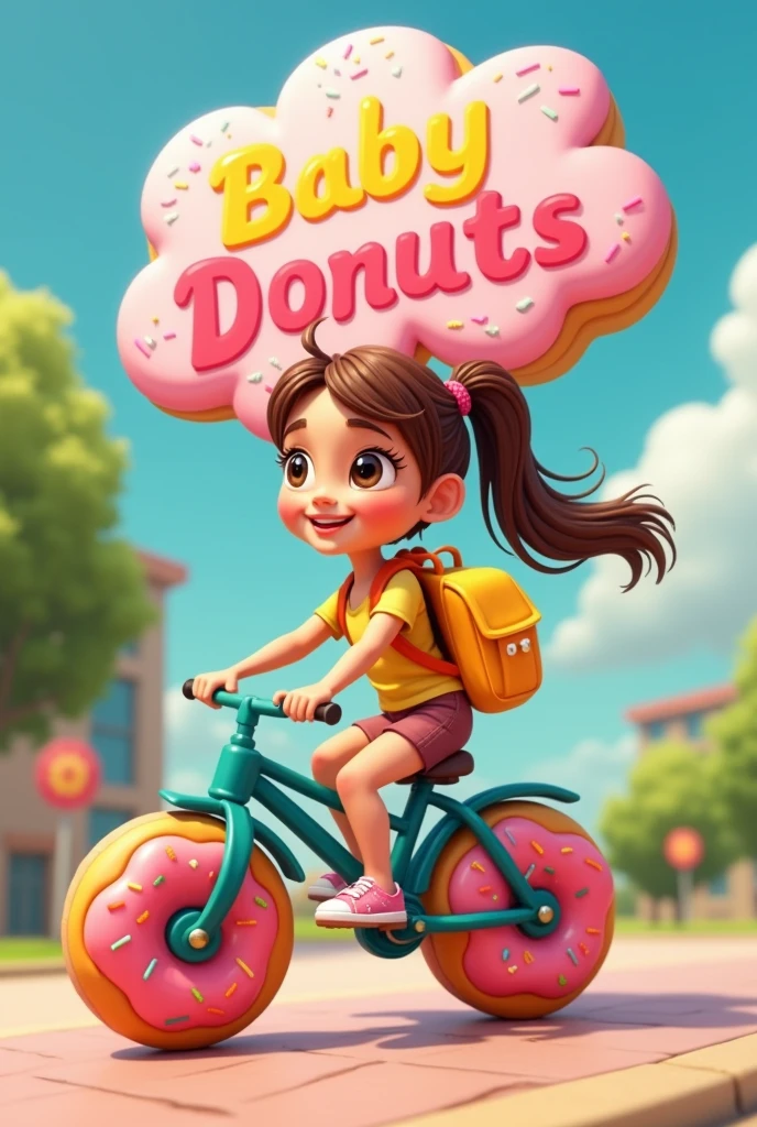 Well, I want a logo for a cake shop that has the word baby donuts as a reference, with a young teenage girl in the background on a bike with donut wheels and donut headphones, to make it more colorful and eye-catching for all types of audiences. I want it to look more real not animated, that this young woman is smiling while looking to one side,brown hair with a ponytail driving to the right and that his backpack is yellow and that it is also a donut, I want the young woman to be seen from the side, that the sign is on the young woman. With a gold t-shirt and pink sneakers, the sign can be seen above the girl who is driving to the right and is like a pink cloud with white letters that say Baby Donuts in bold handwritten typography in pastel yellow and pink contrast.. The wheels of the bicycle should be pink glazed donuts with colored sprinkles, the color of the bike should be dark aqua green and have a brown seat and orange wheel cover., that she doesn't go hunched over and that she goes happy with her hair in the air, sunny day