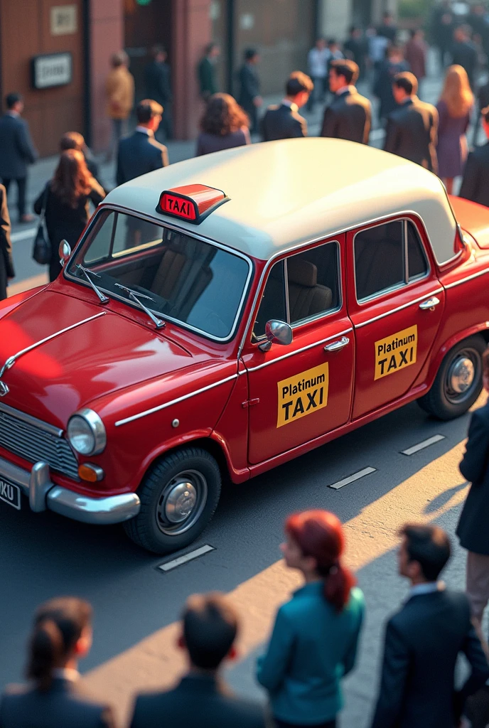 Red taxi with white roof on the doors says platinum taxi, people getting on in a square making a line waiting for a taxi