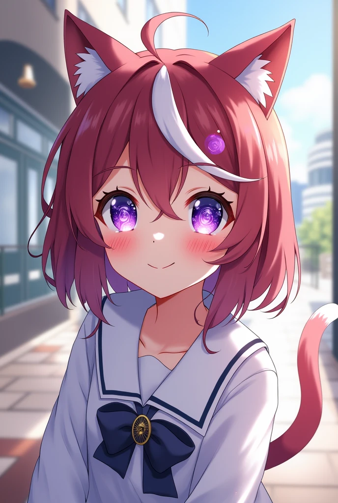 Anime girl with reddish brown hair with a white streak and purple eyes like the galaxy and a star in the middle with cat ears and a tail wearing the U uniform.A smiling