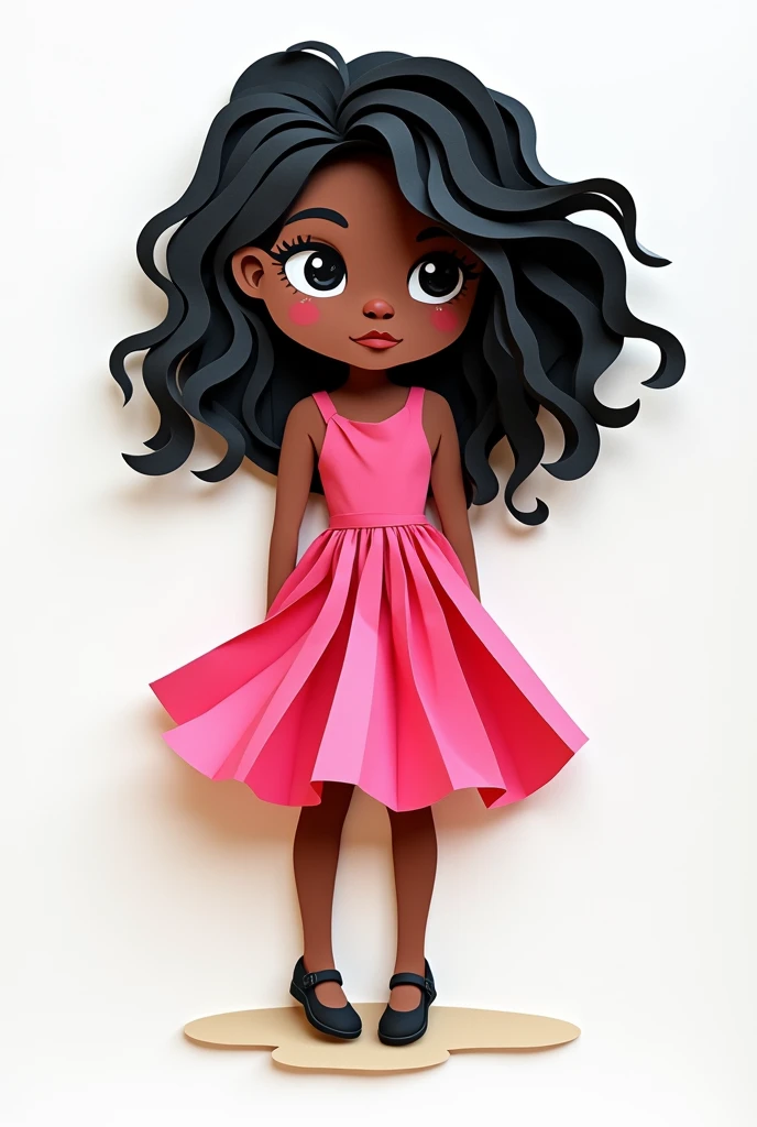 Layered paper art of a brown girl with wavy black hair in a pink dress and little black shoes on a white background