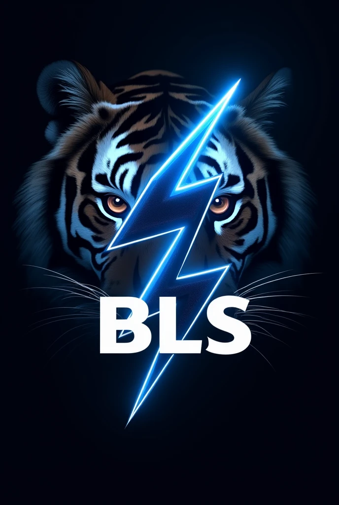 a blue and white lightning bolt logo, written BLS below, with the eyes of a tiger in the background