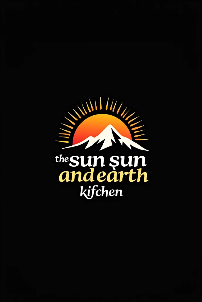 a logo with a black background containing the words "The Sun and Earth Kitchen" that they are inside a sun and a snowy mountain with the letters in Spanish