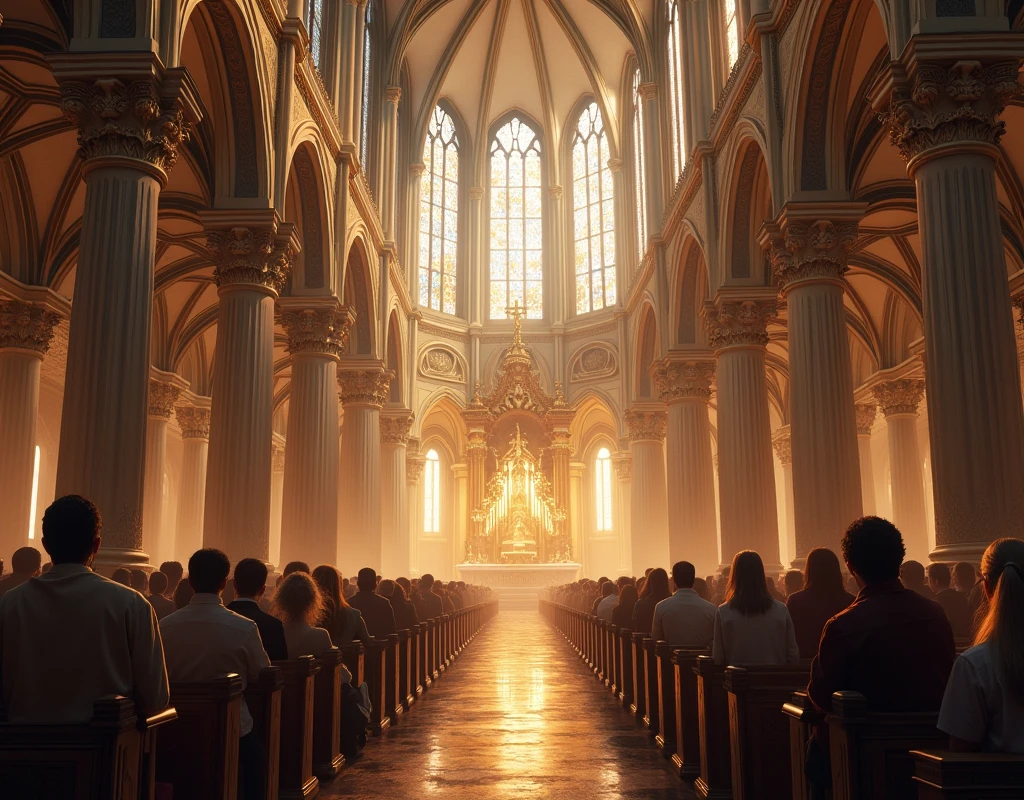We need an image of a big church with people worshiping high quality