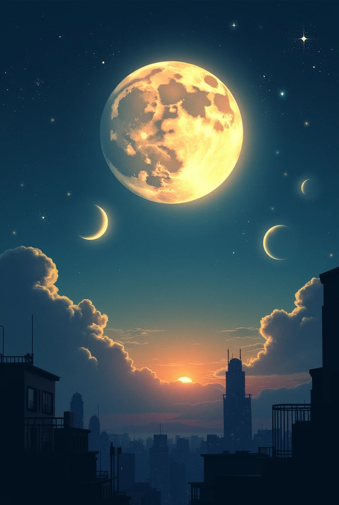 The current image you have for the front and back cover has interesting and symbolic elements that can be worked on further to give greater visual impact and depth to the story you are telling.. Here I leave you a detailed description and some suggestions to improve it:
### **front page:**
- **Description:** On the cover we see a night sky with a large moon and stars hanging as if they were decorations.. The moon is a central focus with its diffuse texture, while the dark buildings at the bottom suggest an urban setting. The hanging stars give it an almost dreamlike touch., bringing a sense of fantasy or surrealism.
- **Improvements and additional details:**
1. **colors:** Current sky tones are a good starting point. You could deepen the colors of the sky, going from a dark blue to almost black in the upper corners, creating a sense of depth. Stars and the moon could have a more pronounced brightness, with golden yellow colors for the stars, and a touch of blue or silver for the moon.
2. **shadows and lights:** Add a soft glow around the stars and moon to give them a more magical presence and create contrast with the dark buildings.. Buildings may have subtle reflections of moonlight on their upper edges, which would give them more definition without losing the feeling of darkness.
3. **Textures:** Adding small variations of shadows in the sky, like light clouds or fog, can give it a more realistic and atmospheric touch. You could also experiment with stars, making them more varied in size and brightness to add dynamism to the sky.
4. **Additional Details:** Consider adding some symbolic detail related to the story, like the outline of a gang or figures that hint at action and conflict in the distance. These details can be very subtle., almost imperceptible, but they will help connect the background with the main story