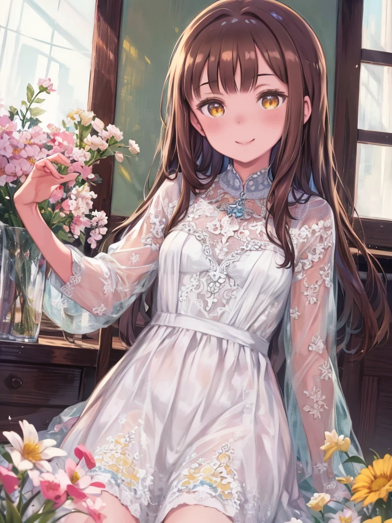 Highest quality, masterpiece, High resolution, alone, Brown Hair, Long Hair, Brown eyes, smile, , Yellow Eyes, One Girl, Watching the auisience, :is, Outisoor,Flower Fielis,White Dress,
