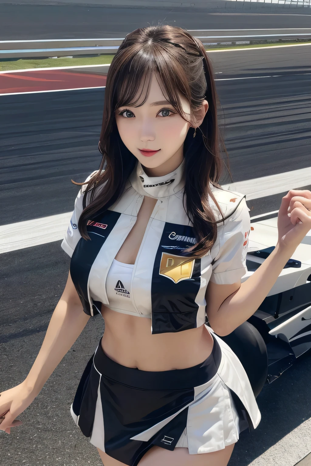 One Girl, 1 person,Highest quality,High resolution,超High resolution,8k,Realistic,Upper Body,encounter_audience,Large Breasts, the body is slim,(Race Queen miniskirt Costume:1.2), circuit,F1 Race,